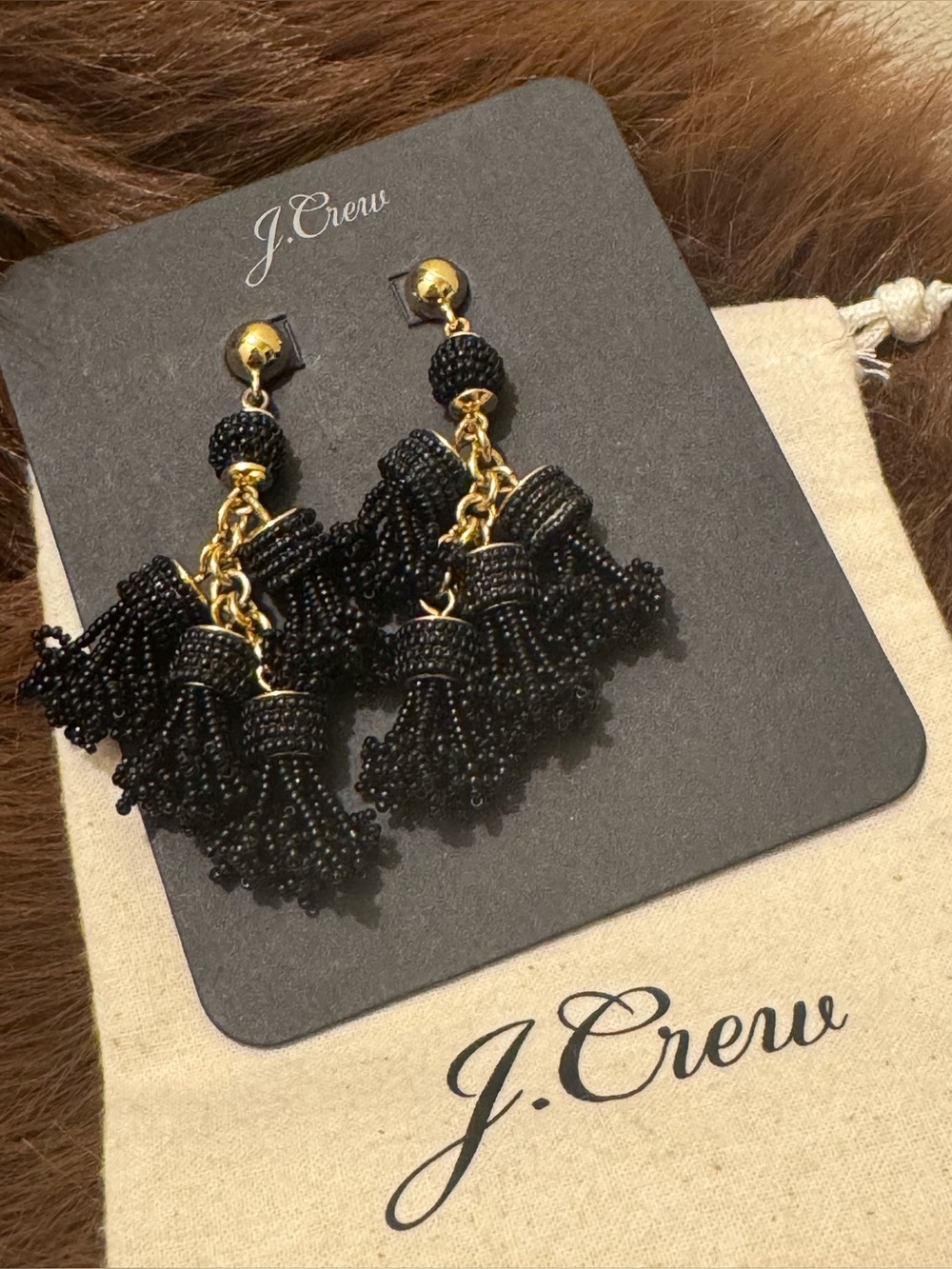 NWT J. Crew Black Beaded Tassel Chandelier Earrings Statement Jewelry with Bag
